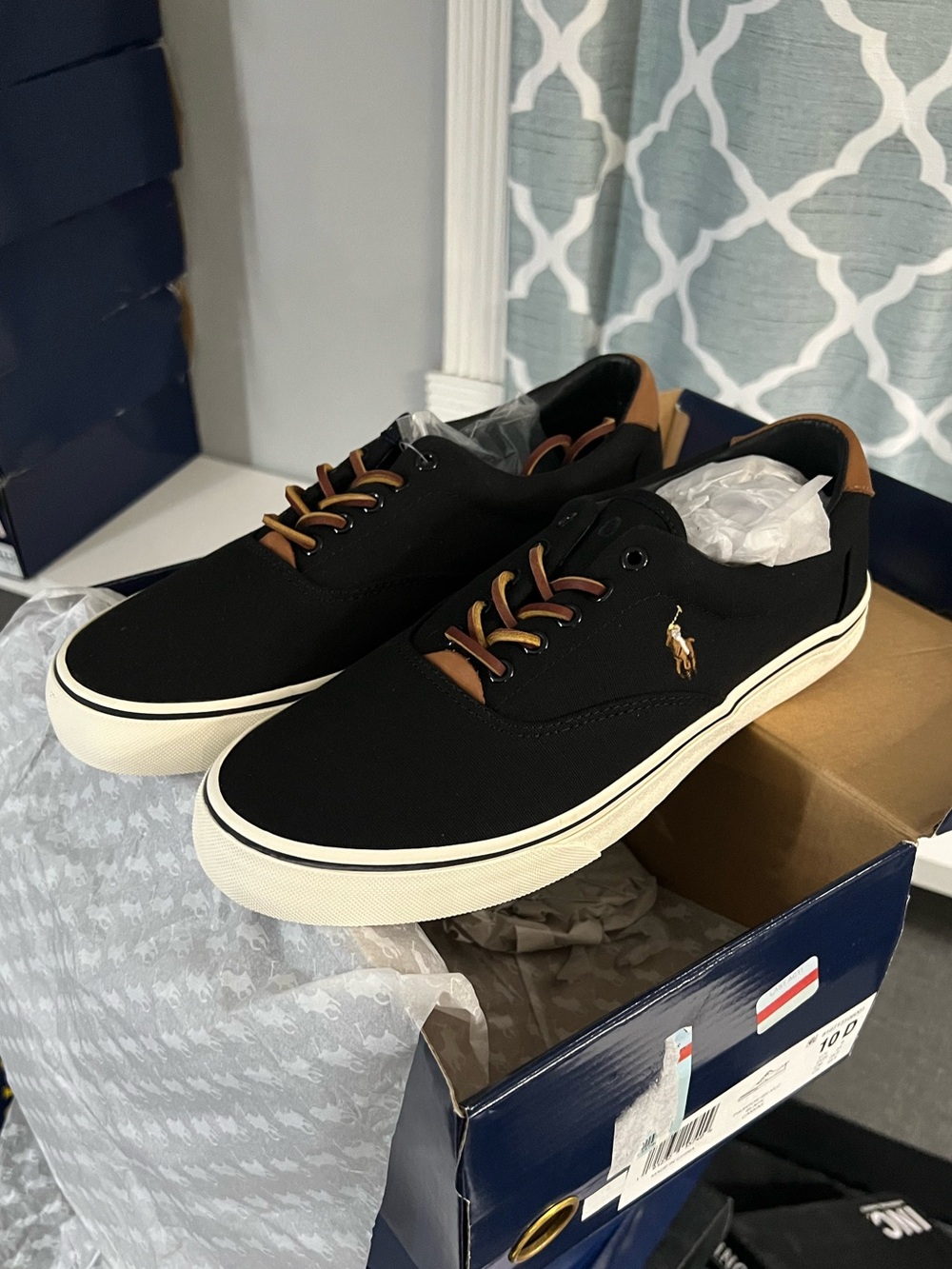 Polo by Ralph Lauren Black Canvas Low-Top Sneakers with Tan Accents